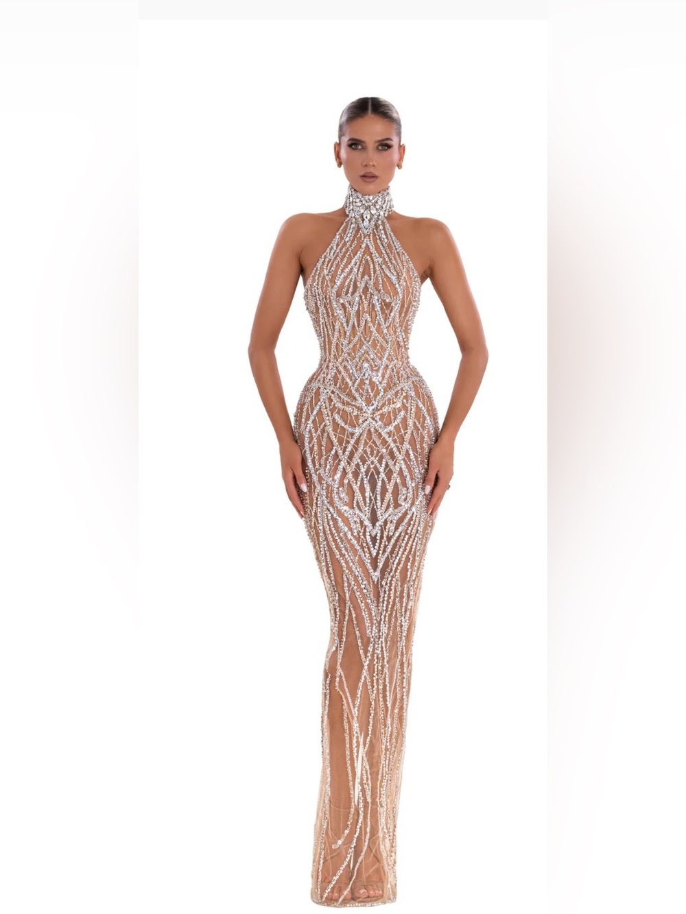 High-Neck Maxi Silver/ Nude Albina dyla Evening Gown
